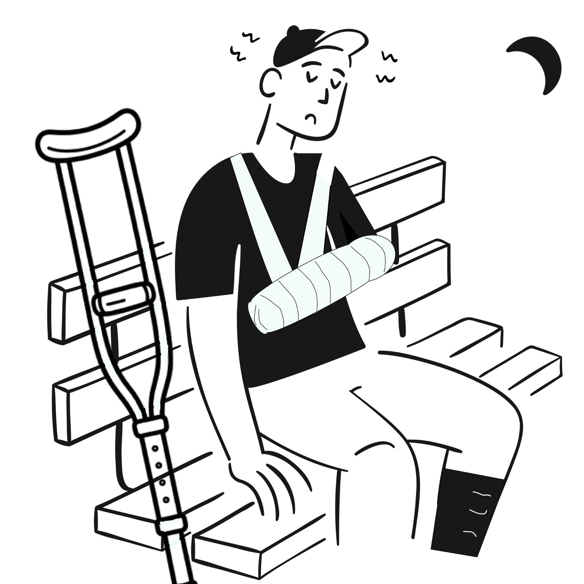 Person with an arm cast and crutch, seated on a bench — representing the stalled adoption of a well-documented solution