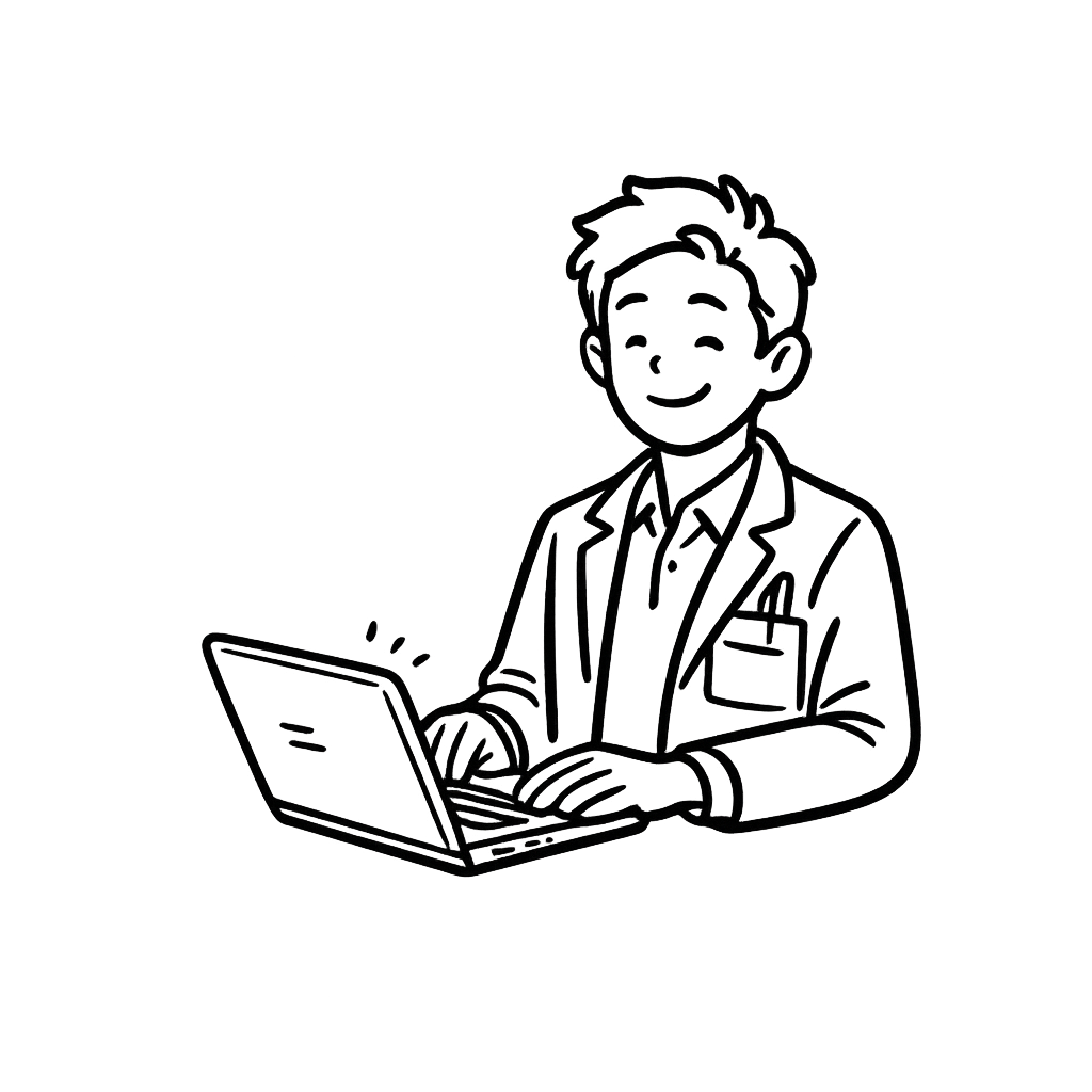 Doctor typing calmly on a laptop